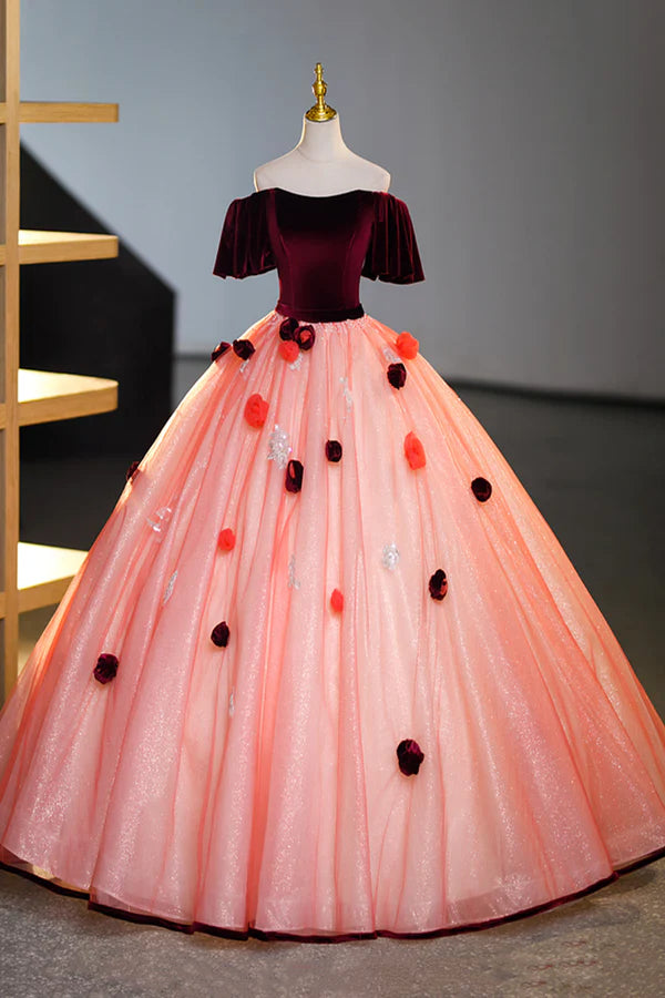 Wholesale Elegant Velvet Tulle Long Formal Dress Burgundy Off the Shoulder Sweet Flower Party Dress